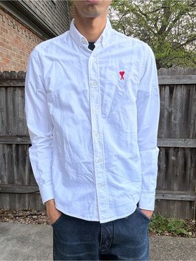 Ami White Button-Down Shirt with Red Heart Logo